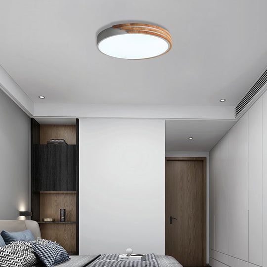 Nordic Style Round Flush Mount Ceiling Light - Wood &amp; Acrylic Fixture In Grey/White/Green 16’