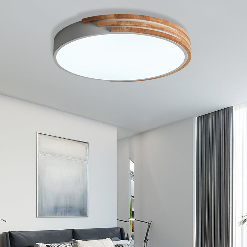 Nordic Style Round Flush Mount Ceiling Light - Wood &amp; Acrylic Fixture In Grey/White/Green 16’ Width
