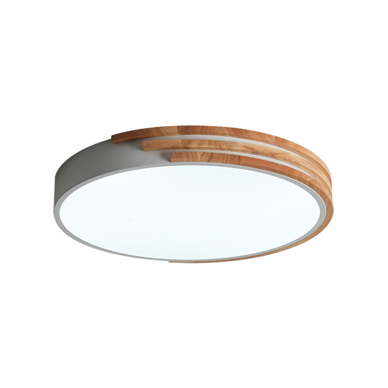 Nordic Style Round Flush Mount Ceiling Light - Wood &amp; Acrylic Fixture In Grey/White/Green 16’ Width
