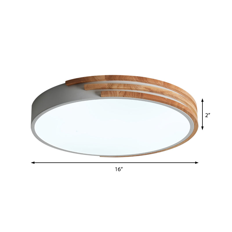 Nordic Style Round Flush Mount Ceiling Light - Wood &amp; Acrylic Fixture In Grey/White/Green 16’ Width