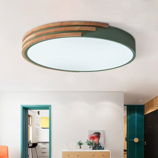 Nordic Style Round Flush Mount Ceiling Light - Wood &amp; Acrylic Fixture In Grey/White/Green 16’