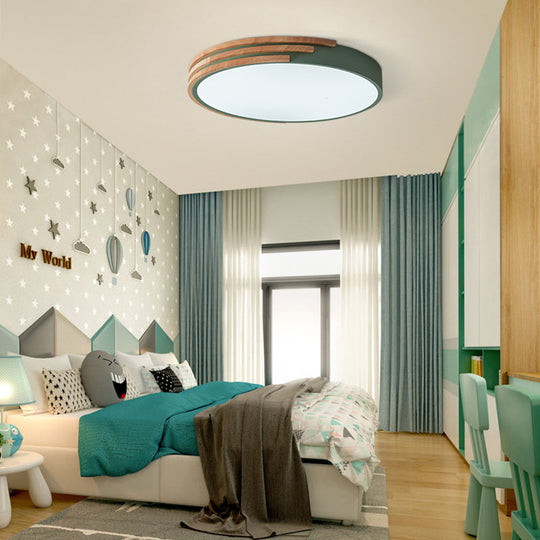 Nordic Style Round Flush Mount Ceiling Light - Wood &amp; Acrylic Fixture In Grey/White/Green 16’ Width