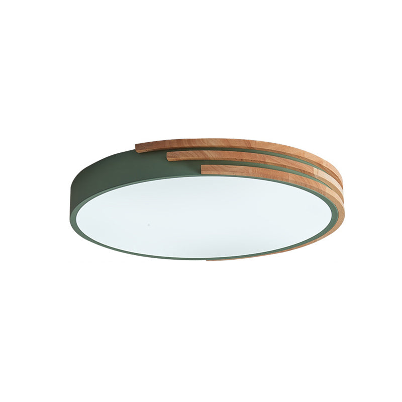 Nordic Style Round Flush Mount Ceiling Light - Wood &amp; Acrylic Fixture In Grey/White/Green 16’ Width
