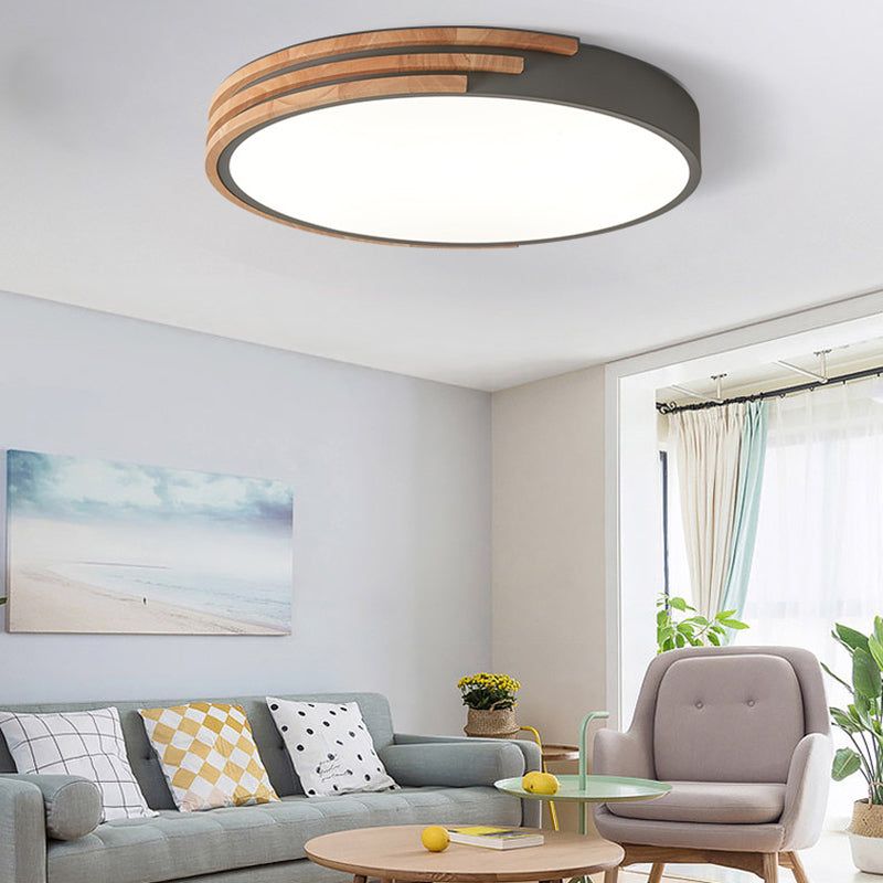 Nordic Style Round Flush Mount Ceiling Light - Wood &amp; Acrylic Fixture In Grey/White/Green 16’