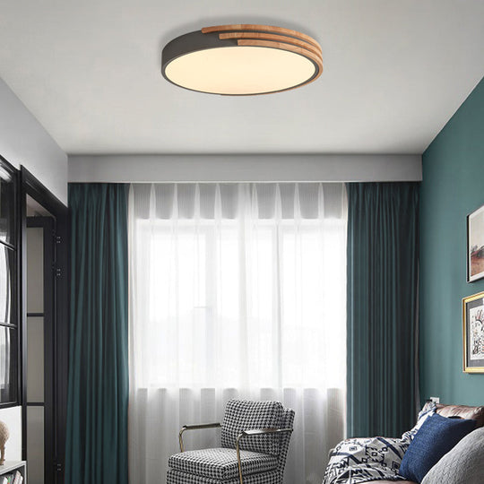 Nordic Style Round Flush Mount Ceiling Light - Wood &amp; Acrylic Fixture In Grey/White/Green 16’ Width