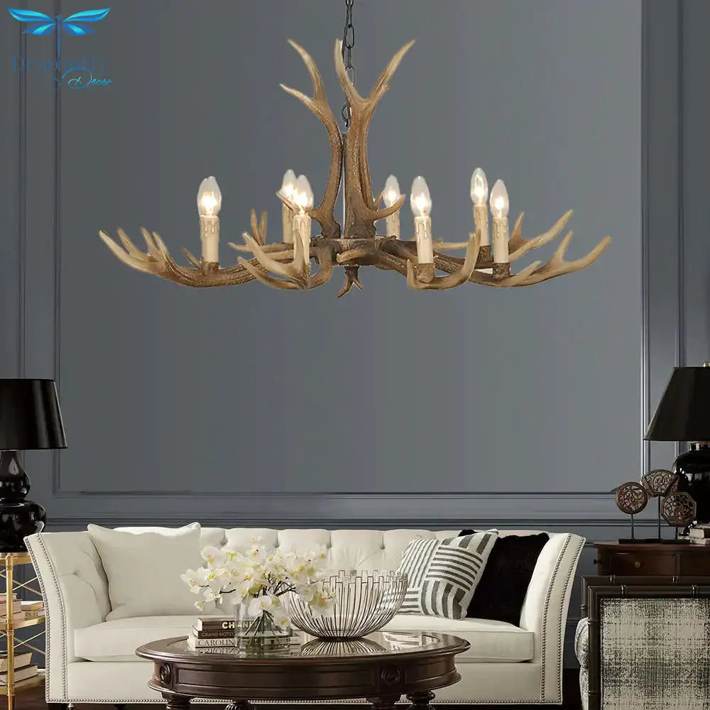 4/6/8 Lights Chandelier Lighting Fixture Rustic Candle Resin Hanging Light In Brown For Living Room