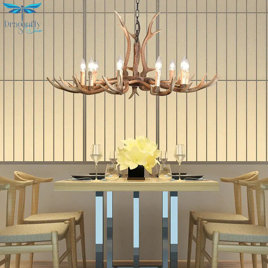 4/6/8 Lights Chandelier Lighting Fixture Rustic Candle Resin Hanging Light In Brown For Living Room