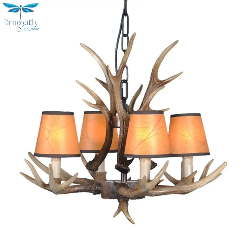 4/6/8 Lights Resin Chandelier Lamp Loft Brown Cone Dining Room Down Lighting Pendant With Fabric