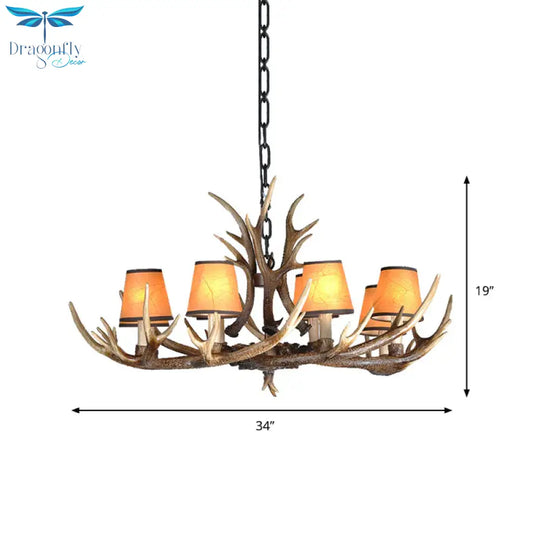 4/6/8 Lights Resin Chandelier Lamp Loft Brown Cone Dining Room Down Lighting Pendant With Fabric