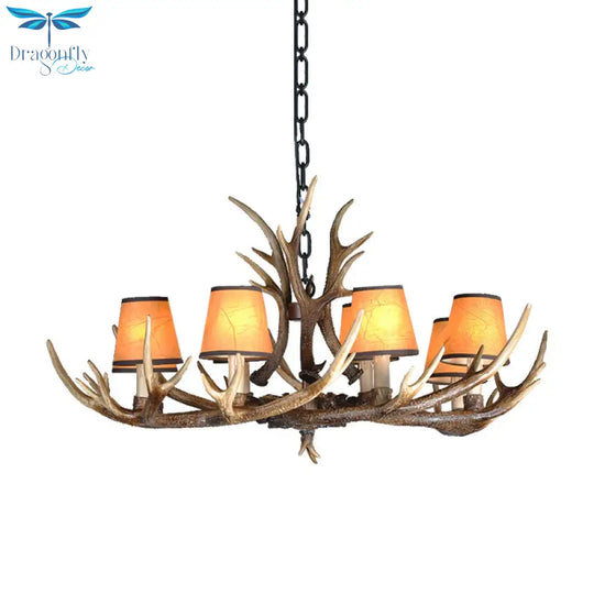 4/6/8 Lights Resin Chandelier Lamp Loft Brown Cone Dining Room Down Lighting Pendant With Fabric