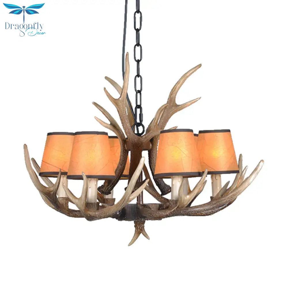 4/6/8 Lights Resin Chandelier Lamp Loft Brown Cone Dining Room Down Lighting Pendant With Fabric