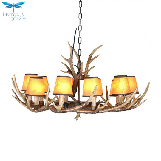 4/6/8 Lights Resin Chandelier Lamp Loft Brown Cone Dining Room Down Lighting Pendant With Fabric