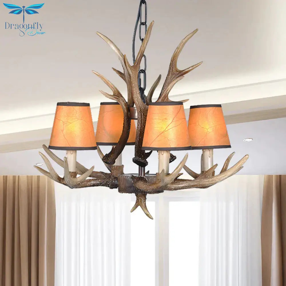 4/6/8 Lights Resin Chandelier Lamp Loft Brown Cone Dining Room Down Lighting Pendant With Fabric