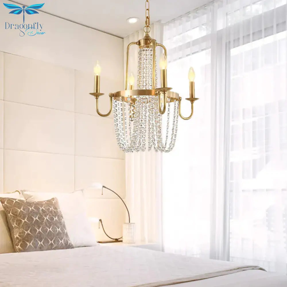 4/6 Lights Chandelier Light Minimalism Candlestick Crystal Hanging Lamp Kit In Gold For Bedroom