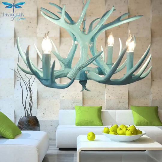 4/8 Heads Branch Chandelier Lighting Cottage Blue Resin Hanging Ceiling Lamp For Living Room