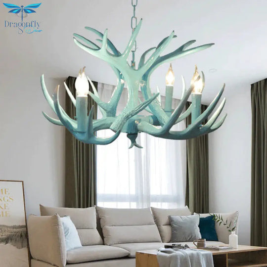 4/8 Heads Branch Chandelier Lighting Cottage Blue Resin Hanging Ceiling Lamp For Living Room