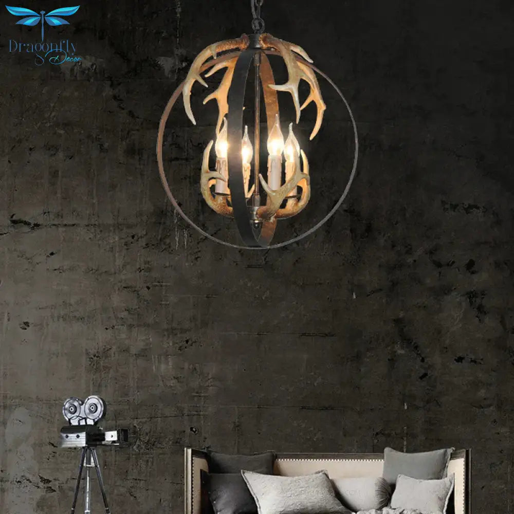 4/8 Lights Chandelier Lighting Fixture Loft Spherical Metal Ceiling Suspension Lamp In Black For