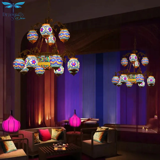 4/9/13 Bulbs Chandelier Lighting Traditional Radial Stained Glass Ceiling Hang Fixture In Brass