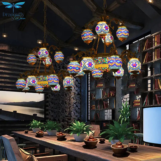 4/9/13 Bulbs Chandelier Lighting Traditional Radial Stained Glass Ceiling Hang Fixture In Brass