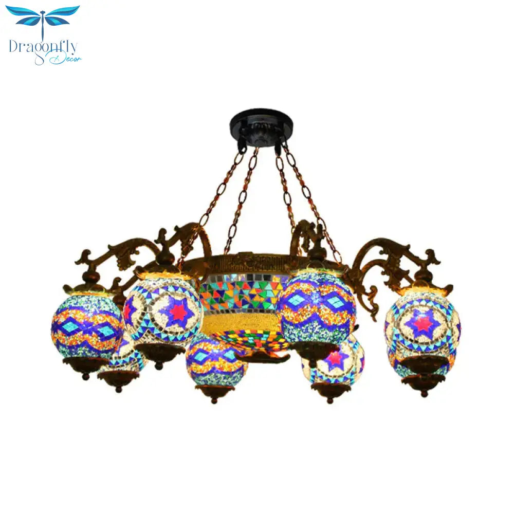 4/9/13 Bulbs Chandelier Lighting Traditional Radial Stained Glass Ceiling Hang Fixture In Brass