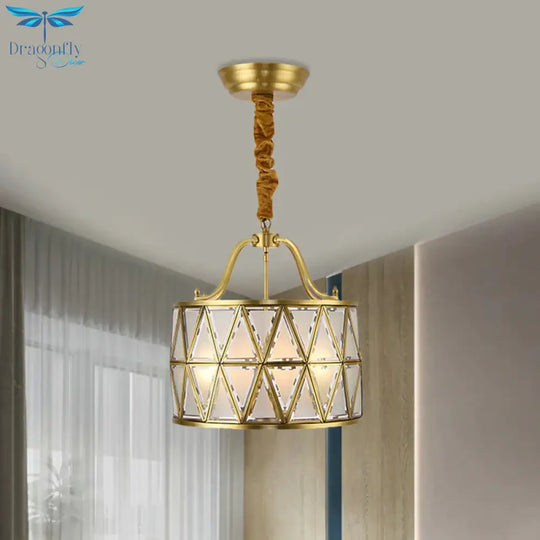 4 - Bulb Drum Ceiling Chandelier Vintage Brass Finish Metallic Suspension Light For Dining Room