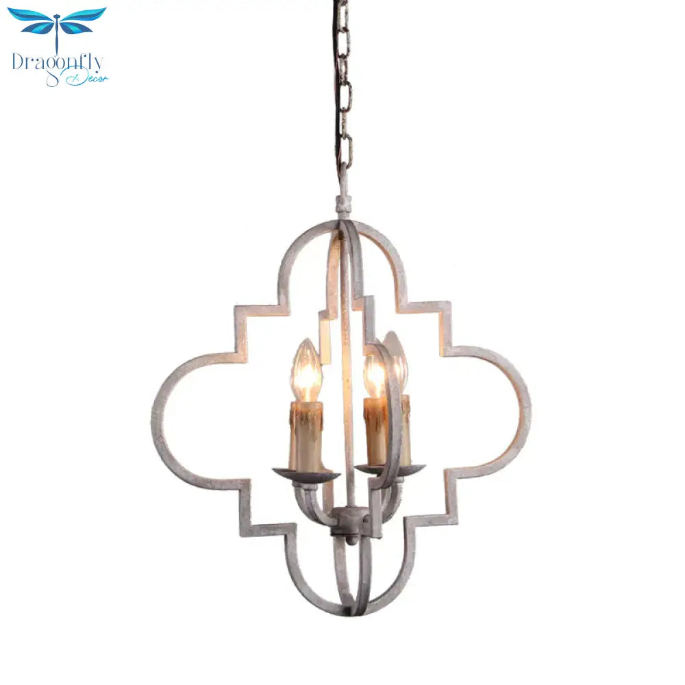 4 Bulbs Candle Ceiling Chandelier Rustic Wood Suspended Lighting Fixture In Distressed White