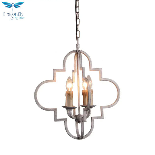 4 Bulbs Candle Ceiling Chandelier Rustic Wood Suspended Lighting Fixture In Distressed White
