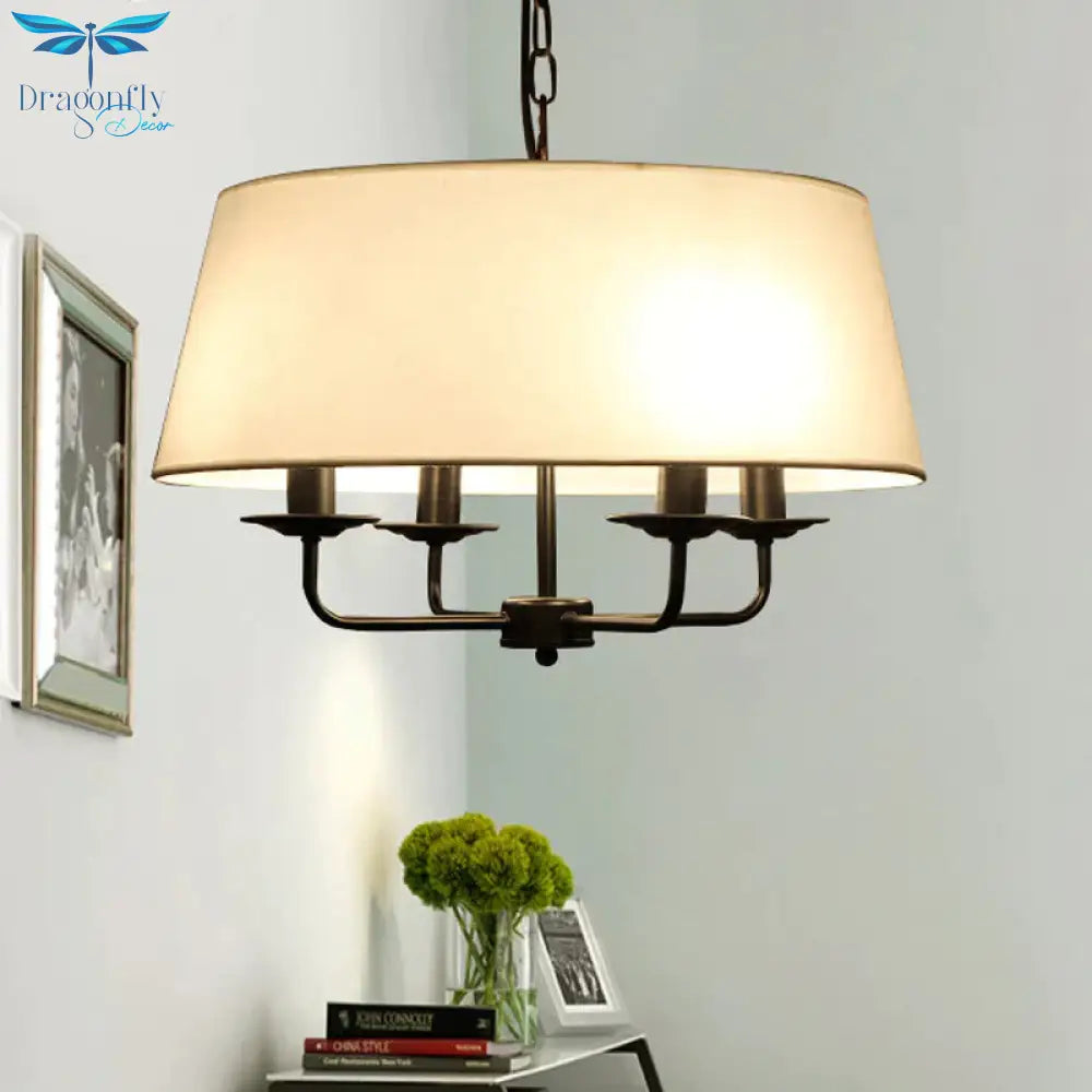 4 Bulbs Candle Chandelier Light Classic White/Green/Beige Fabric Hanging Ceiling Fixture With Drum