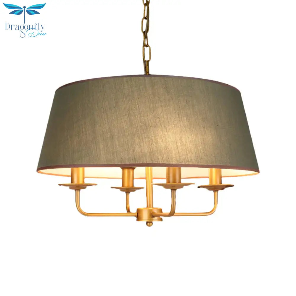 4 Bulbs Candle Chandelier Light Classic White/Green/Beige Fabric Hanging Ceiling Fixture With Drum