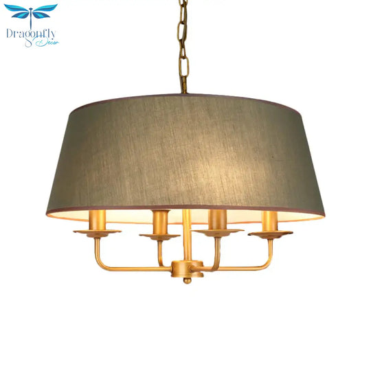 4 Bulbs Candle Chandelier Light Classic White/Green/Beige Fabric Hanging Ceiling Fixture With Drum
