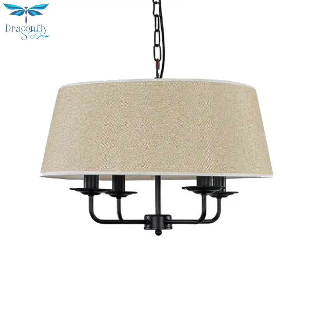 4 Bulbs Candle Chandelier Light Classic White/Green/Beige Fabric Hanging Ceiling Fixture With Drum