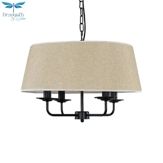 4 Bulbs Candle Chandelier Light Classic White/Green/Beige Fabric Hanging Ceiling Fixture With Drum