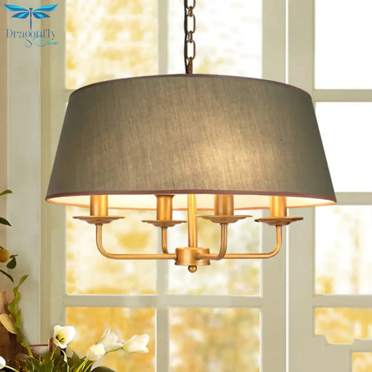 4 Bulbs Candle Chandelier Light Classic White/Green/Beige Fabric Hanging Ceiling Fixture With Drum