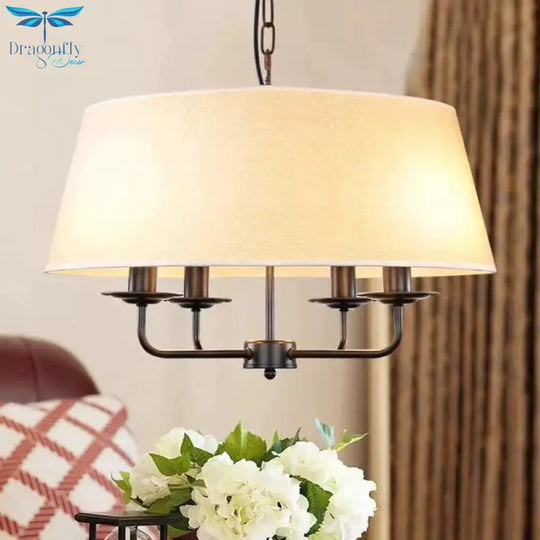 4 Bulbs Candle Chandelier Light Classic White/Green/Beige Fabric Hanging Ceiling Fixture With Drum