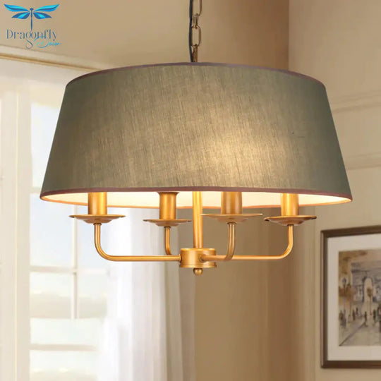 4 Bulbs Candle Chandelier Light Classic White/Green/Beige Fabric Hanging Ceiling Fixture With Drum