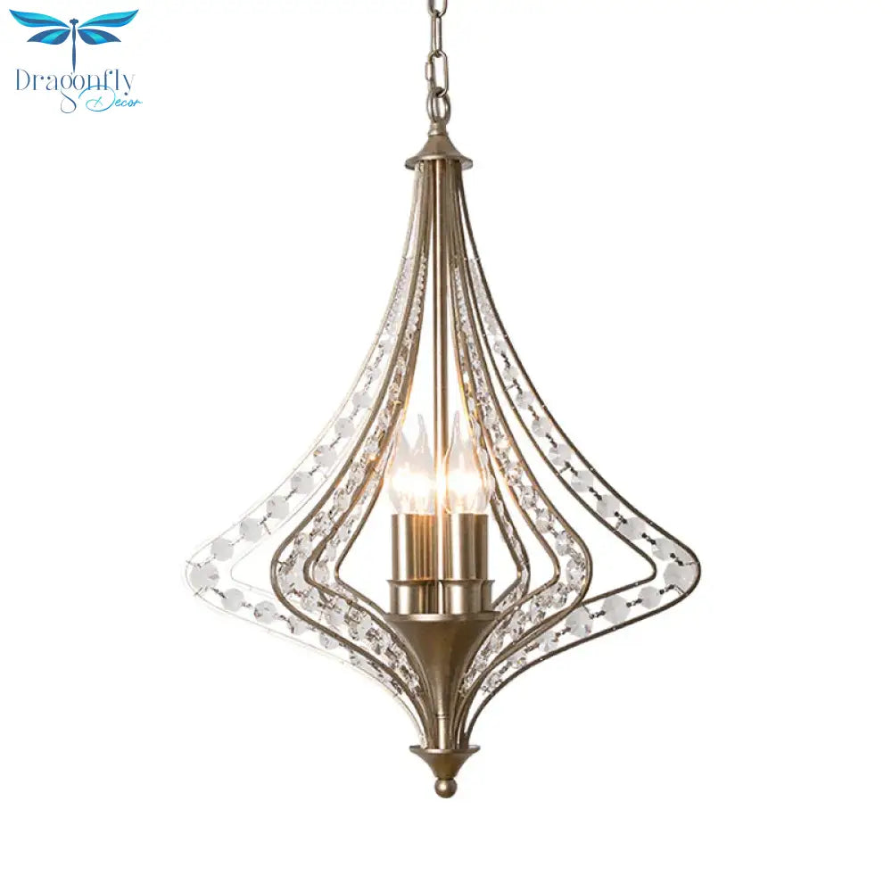 4 Bulbs Tapered Ceiling Chandelier Rustic Crystal Suspended Lighting Fixture In Brass
