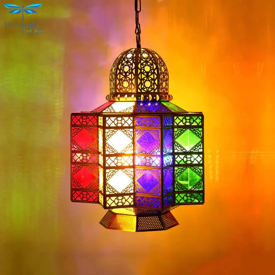 4 - Head Metal Pendant Lighting Arab Lantern Stained Glass Chandelier Light Fixture In Brass