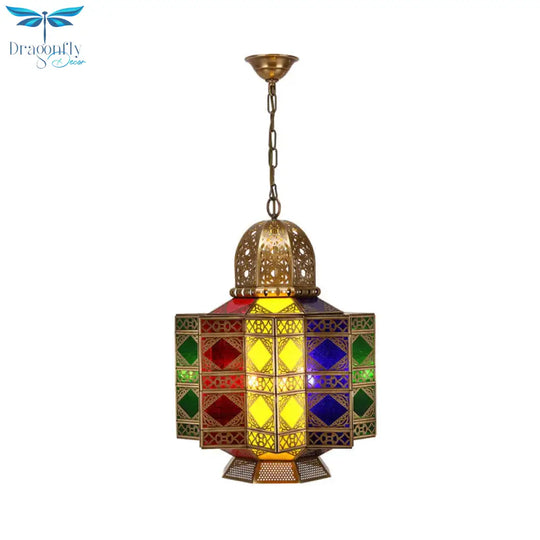 4 - Head Metal Pendant Lighting Arab Lantern Stained Glass Chandelier Light Fixture In Brass