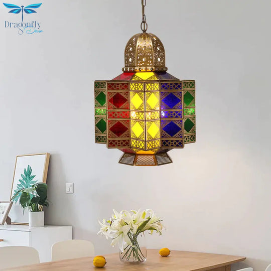 4 - Head Metal Pendant Lighting Arab Lantern Stained Glass Chandelier Light Fixture In Brass