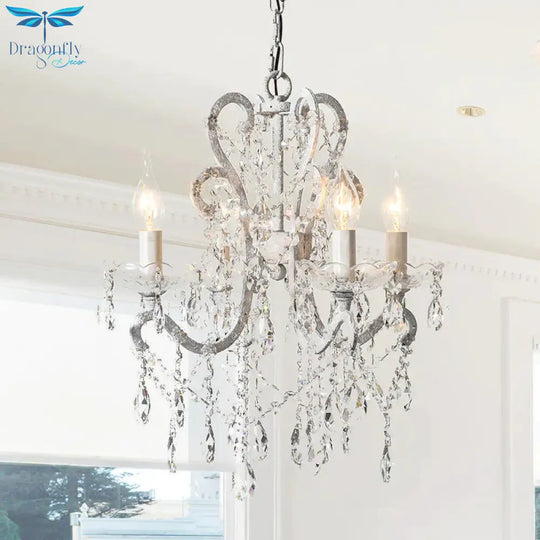 4 Heads Chandelier French Country Living Room Ceiling Suspension Lamp With Candelabrum Crystal