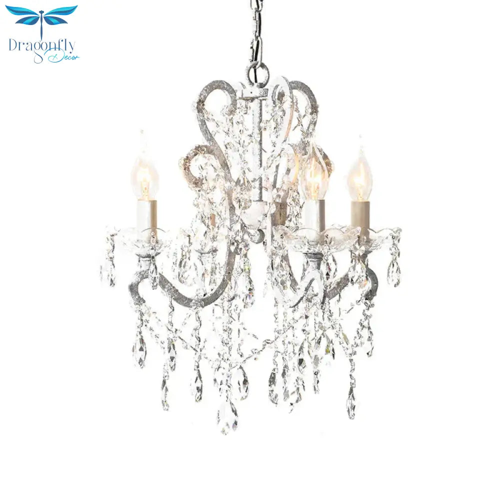 4 Heads Chandelier French Country Living Room Ceiling Suspension Lamp With Candelabrum Crystal