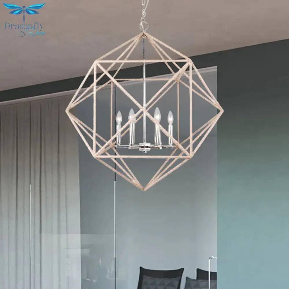 4 Heads Dining Room Hanging Chandelier Contemporary Beige Ceiling Pendant Light With Cage Metal