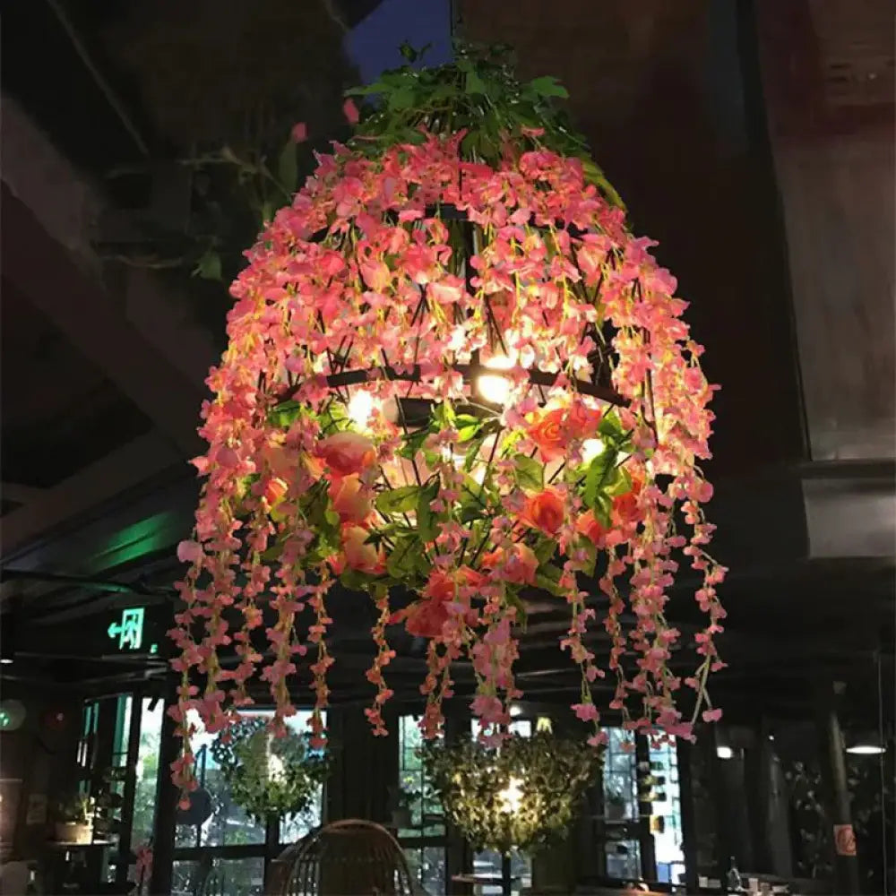 4 Heads Hanging Chandelier Industrial Restaurant Floral Pendant Light Kit With Wire Cage Metal