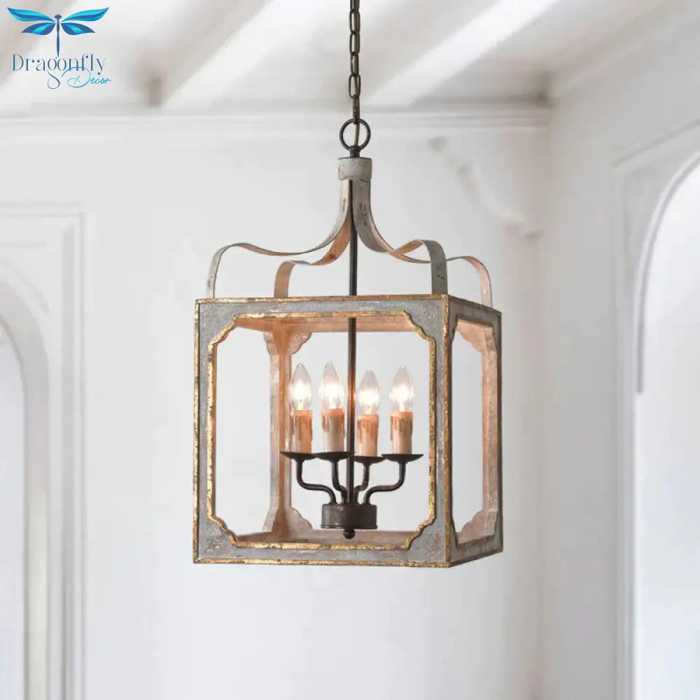 4 Heads Living Room Hanging Chandelier Retro Rust Ceiling Pendant Light With Cube Metal Cage