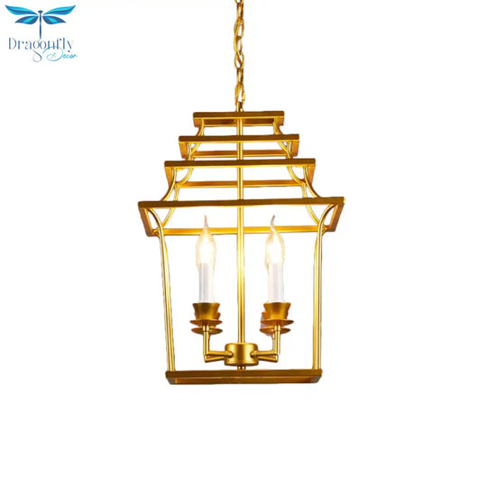 4 Heads Metal Chandelier Vintage Style Gold Cage Shade Living Room Pendant Light With Adjustable