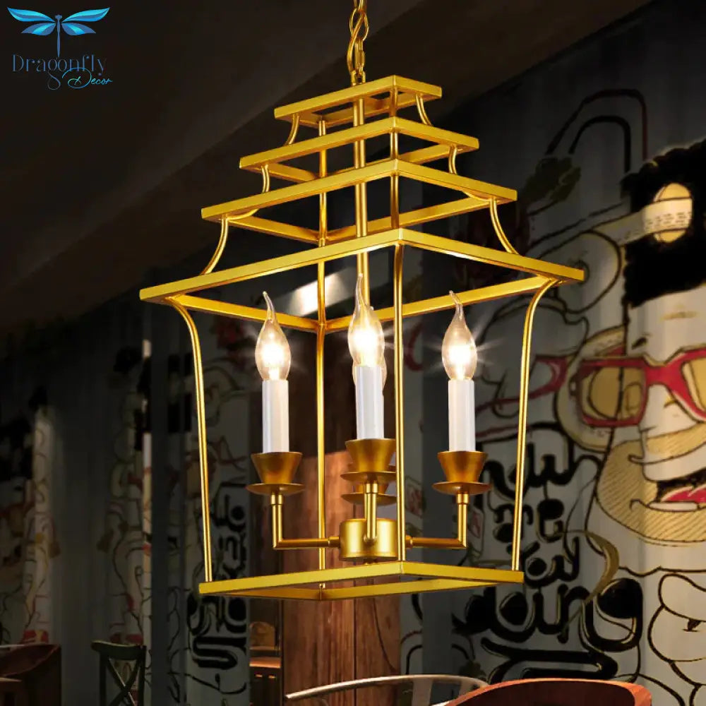 4 Heads Metal Chandelier Vintage Style Gold Cage Shade Living Room Pendant Light With Adjustable