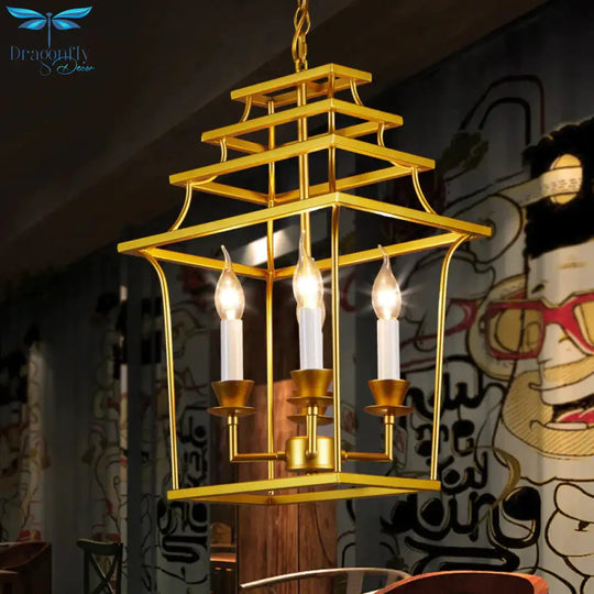 4 Heads Metal Chandelier Vintage Style Gold Cage Shade Living Room Pendant Light With Adjustable