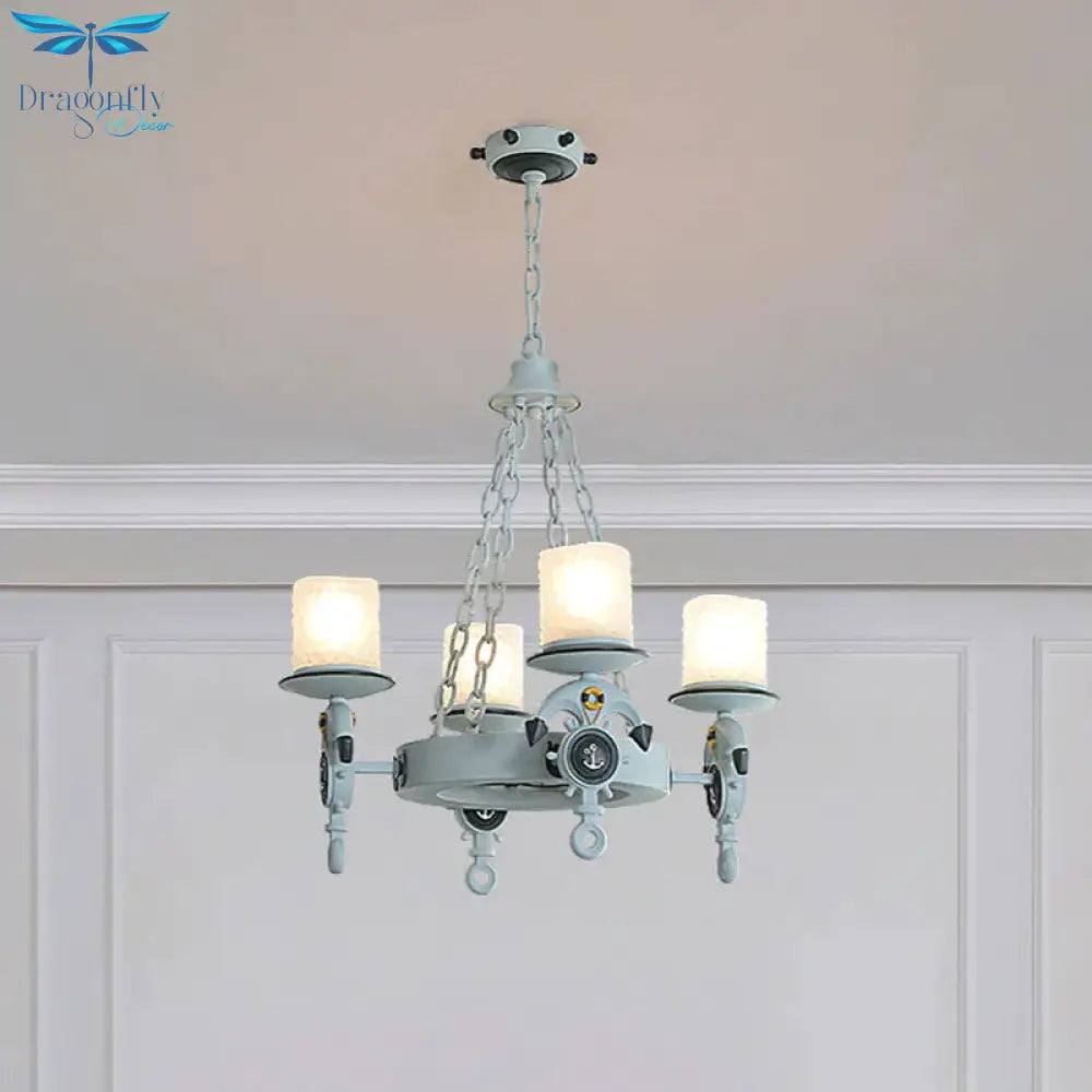 4 Heads Parlor Chandelier Light Children Blue/Brown Hanging Lamp Kit With Cylinder Frosted Glass