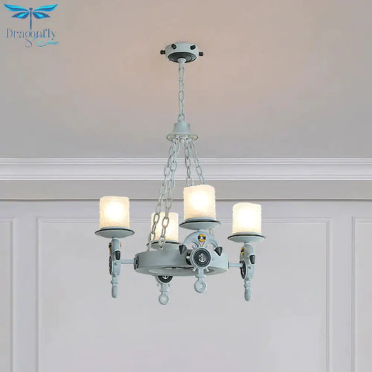 4 Heads Parlor Chandelier Light Children Blue/Brown Hanging Lamp Kit With Cylinder Frosted Glass