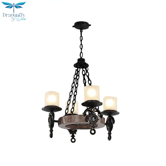 4 Heads Parlor Chandelier Light Children Blue/Brown Hanging Lamp Kit With Cylinder Frosted Glass